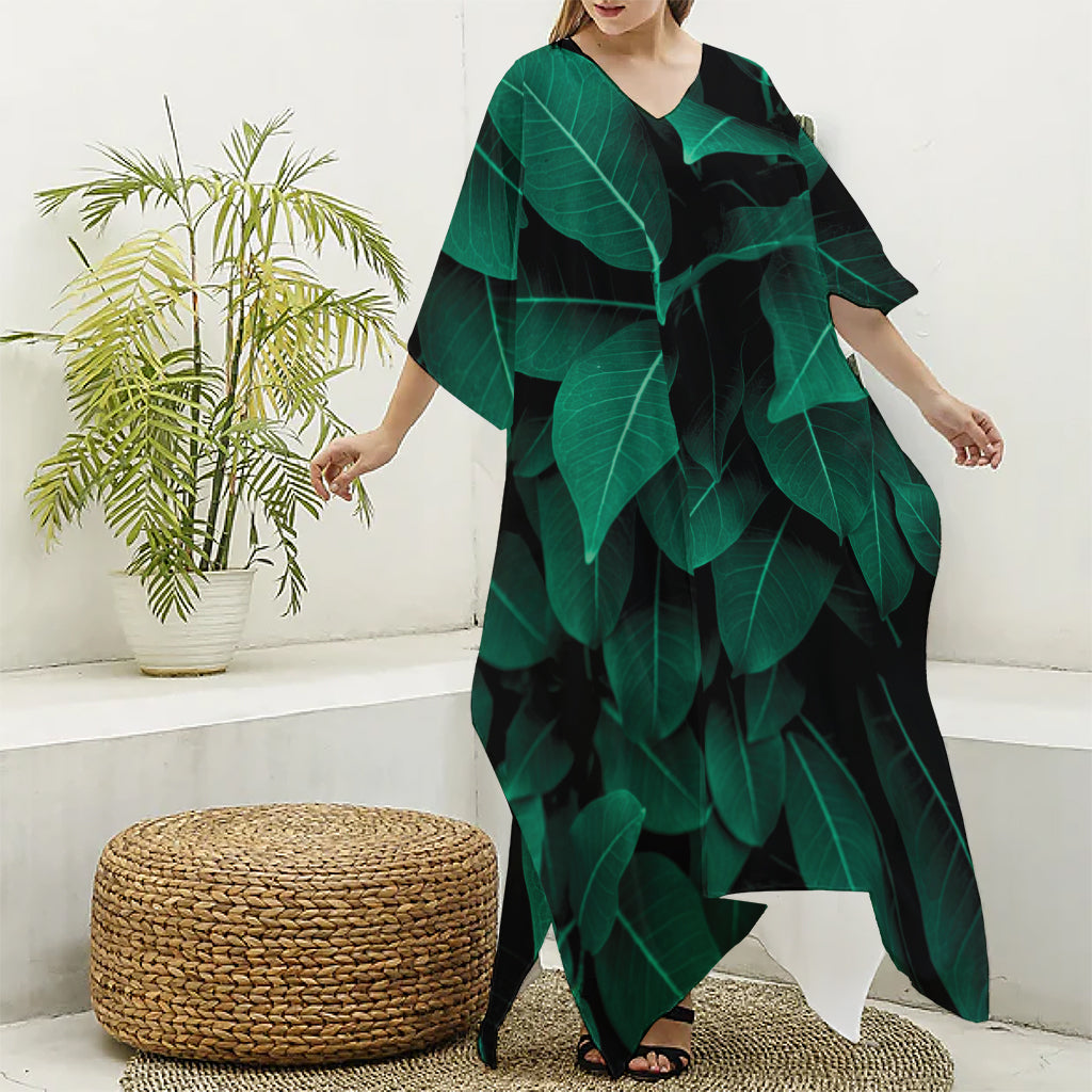 Natural Green Leaf Print Silk V-Neck Kaftan Dress