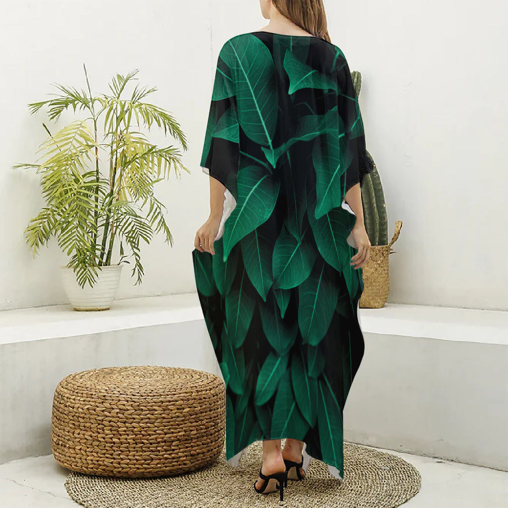 Natural Green Leaf Print Silk V-Neck Kaftan Dress