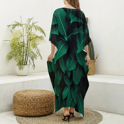 Natural Green Leaf Print Silk V-Neck Kaftan Dress
