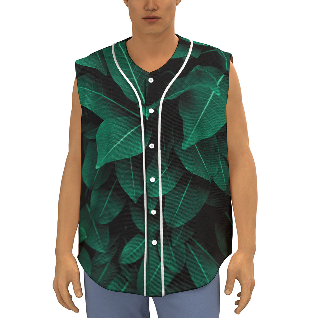 Natural Green Leaf Print Sleeveless Baseball Jersey
