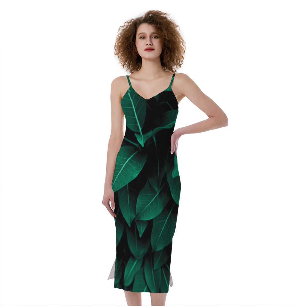 Natural Green Leaf Print Slim Fit Midi Cami Dress