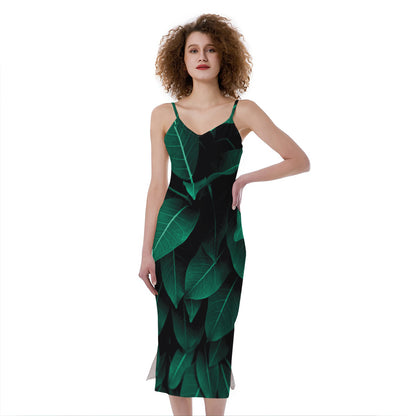 Natural Green Leaf Print Slim Fit Midi Cami Dress