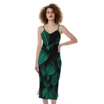 Natural Green Leaf Print Slim Fit Midi Cami Dress