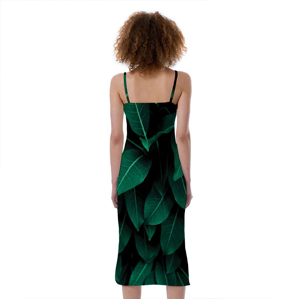 Natural Green Leaf Print Slim Fit Midi Cami Dress