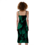 Natural Green Leaf Print Slim Fit Midi Cami Dress