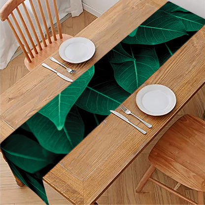 Natural Green Leaf Print Table Runner