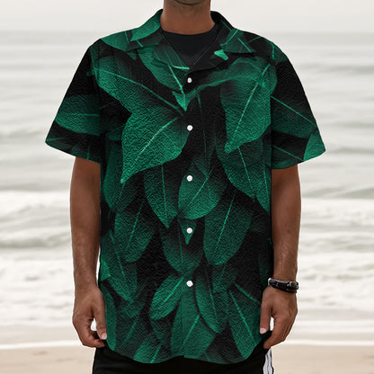 Natural Green Leaf Print Textured Short Sleeve Shirt