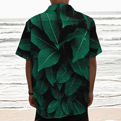 Natural Green Leaf Print Textured Short Sleeve Shirt