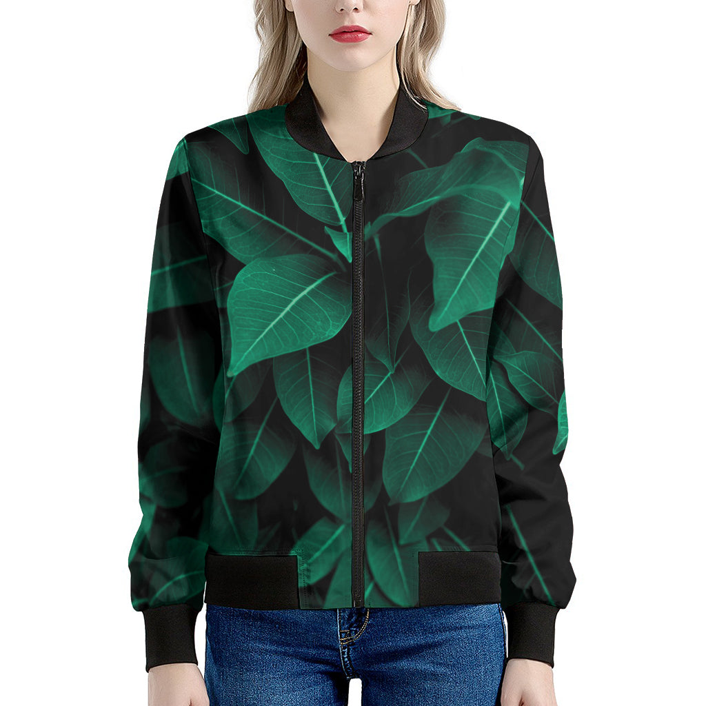 Natural Green Leaf Print Women's Bomber Jacket