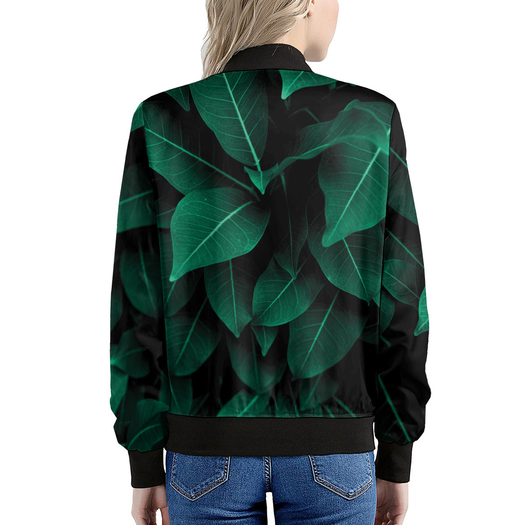 Natural Green Leaf Print Women's Bomber Jacket