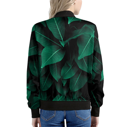 Natural Green Leaf Print Women's Bomber Jacket