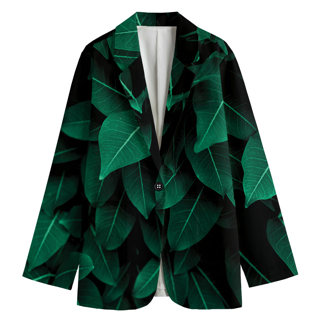 Natural Green Leaf Print Women's Cotton Blazer