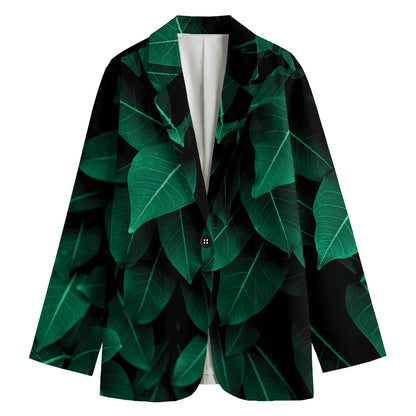 Natural Green Leaf Print Women's Cotton Blazer