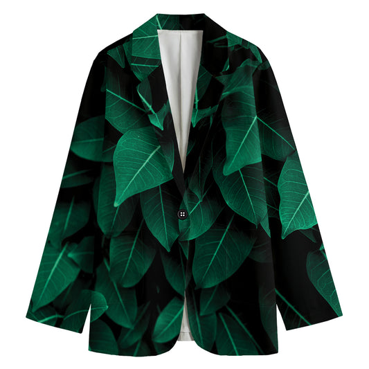 Natural Green Leaf Print Women's Cotton Blazer