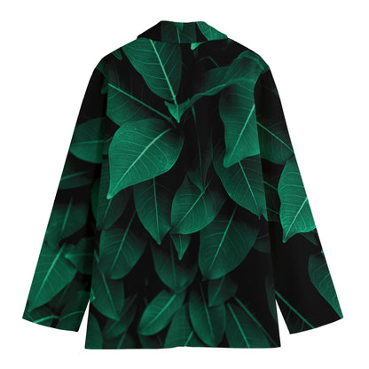 Natural Green Leaf Print Women's Cotton Blazer