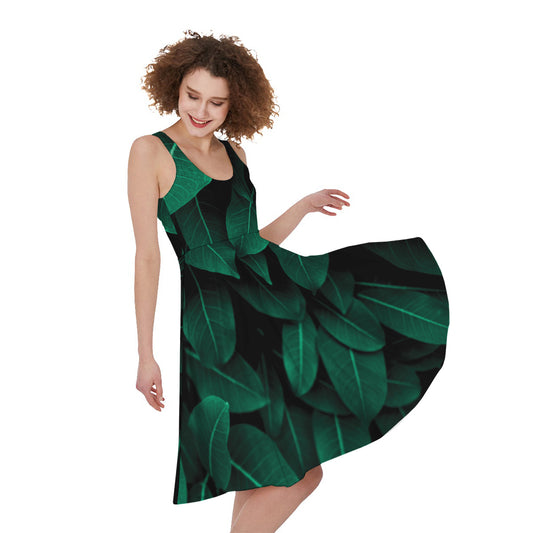 Natural Green Leaf Print Women's Sleeveless Dress