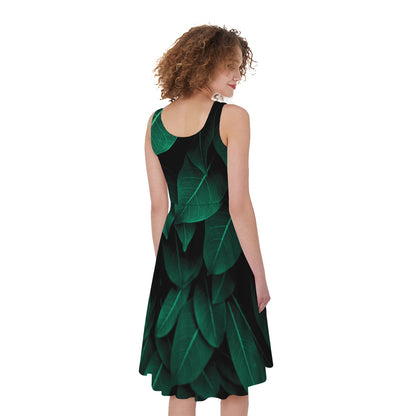 Natural Green Leaf Print Women's Sleeveless Dress