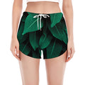 Natural Green Leaf Print Women's Split Running Shorts