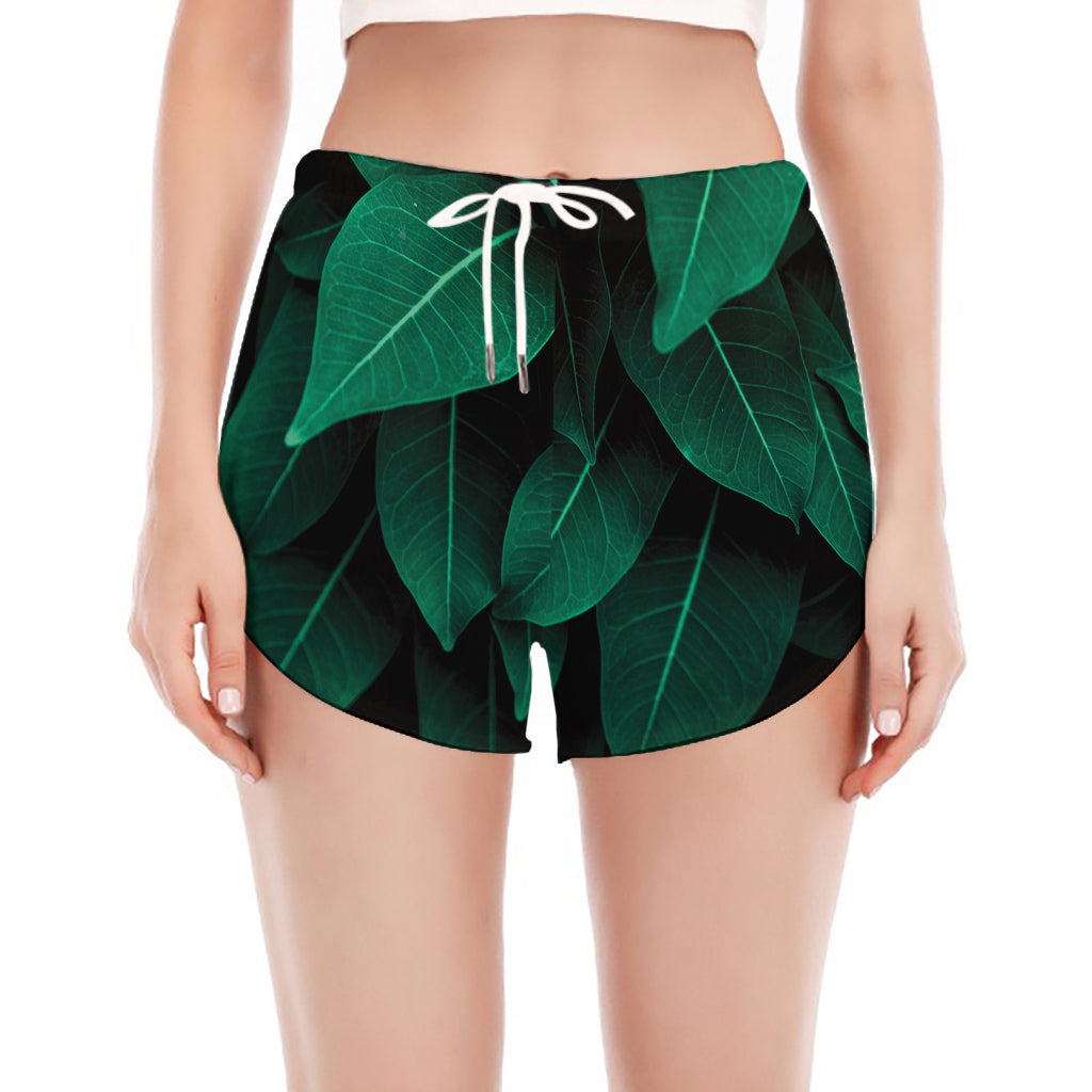 Natural Green Leaf Print Women's Split Running Shorts