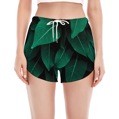 Natural Green Leaf Print Women's Split Running Shorts