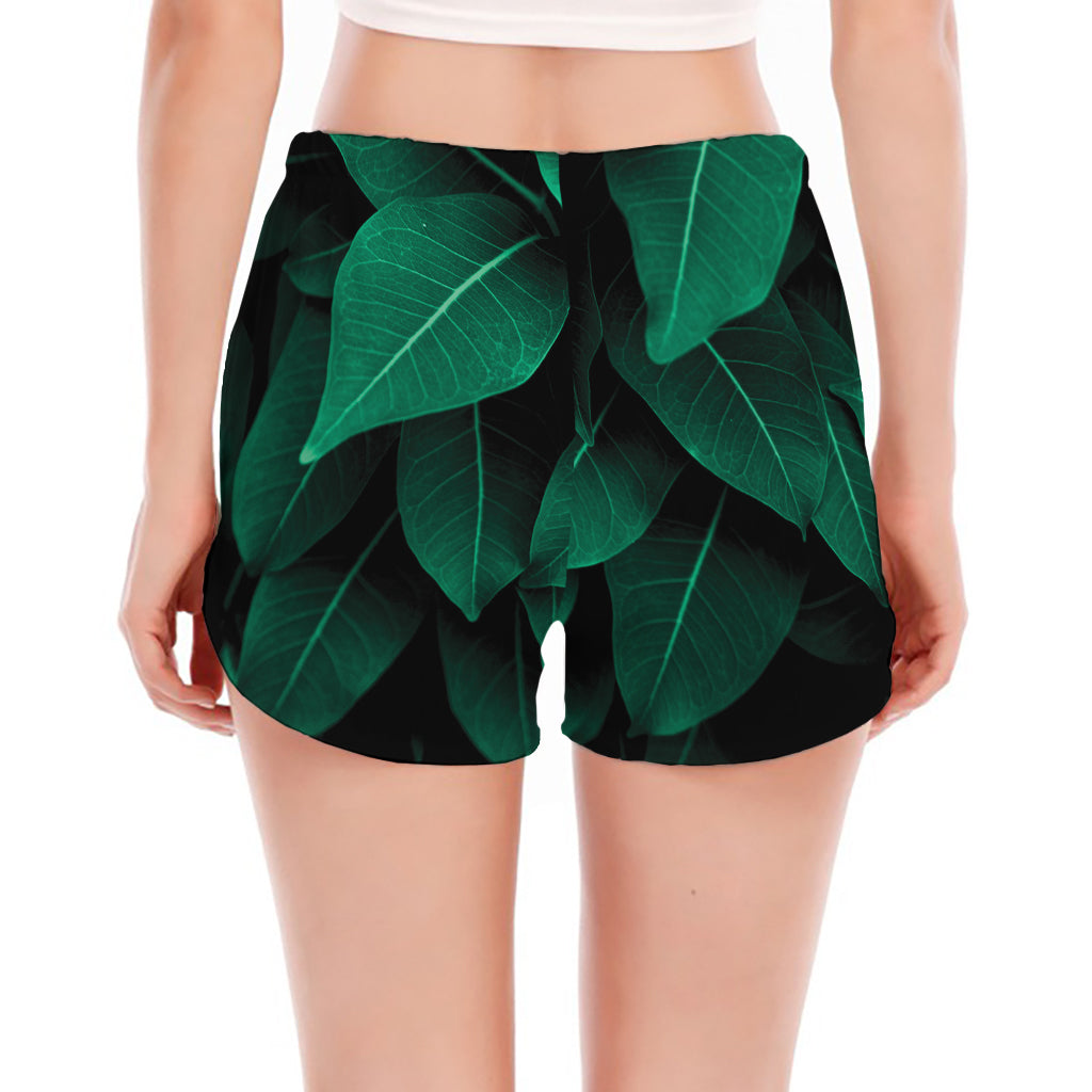 Natural Green Leaf Print Women's Split Running Shorts