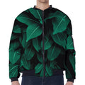 Natural Green Leaf Print Zip Sleeve Bomber Jacket