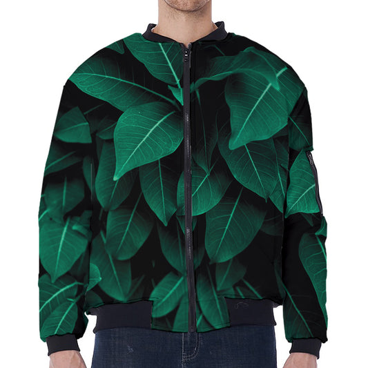 Natural Green Leaf Print Zip Sleeve Bomber Jacket