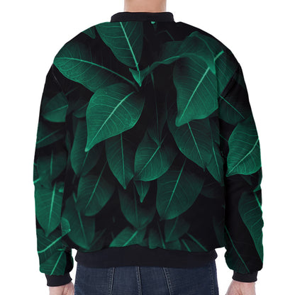 Natural Green Leaf Print Zip Sleeve Bomber Jacket