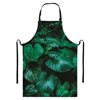 Natural Tropical Leaf Print Bib Apron With Pocket