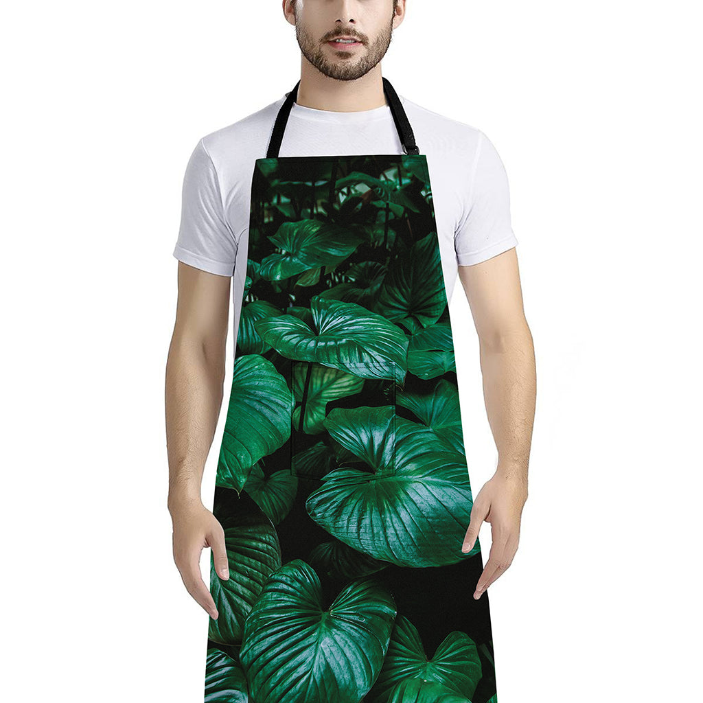 Natural Tropical Leaf Print Bib Apron With Pocket