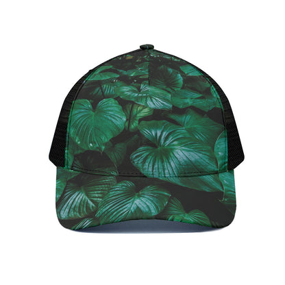 Natural Tropical Leaf Print Black Mesh Trucker Cap