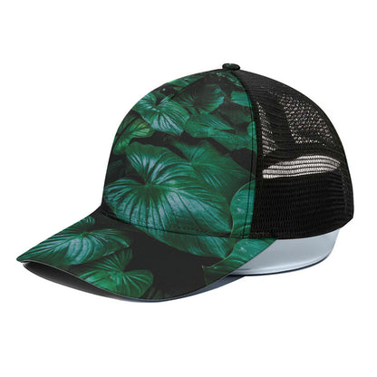 Natural Tropical Leaf Print Black Mesh Trucker Cap