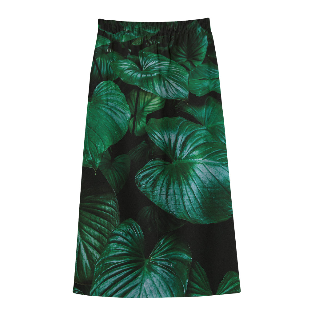 Natural Tropical Leaf Print Cotton Front Slit Maxi Skirt