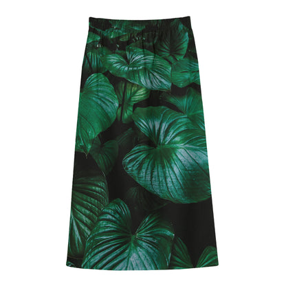 Natural Tropical Leaf Print Cotton Front Slit Maxi Skirt