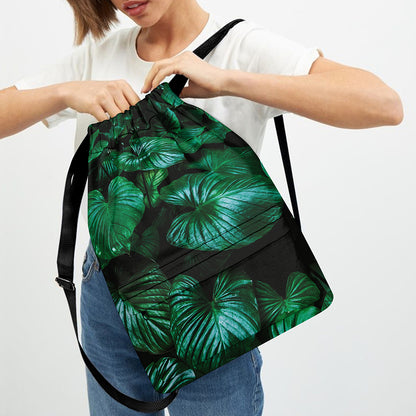 Natural Tropical Leaf Print Drawstring Backpack