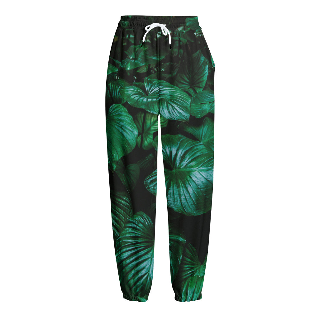 Natural Tropical Leaf Print Fleece Lined Knit Pants