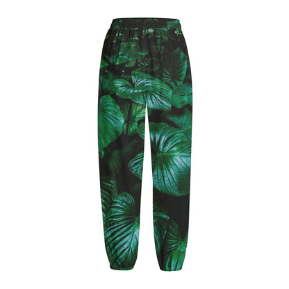 Natural Tropical Leaf Print Fleece Lined Knit Pants