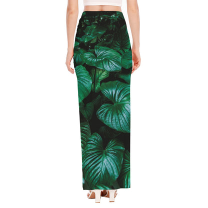Natural Tropical Leaf Print High Slit Maxi Skirt