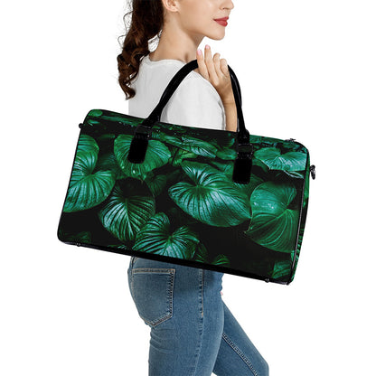 Natural Tropical Leaf Print Leather Duffle Bag