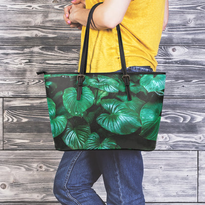 Natural Tropical Leaf Print Leather Tote Bag