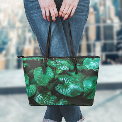 Natural Tropical Leaf Print Leather Tote Bag