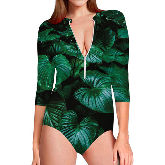 Natural Tropical Leaf Print Long Sleeve Swimsuit