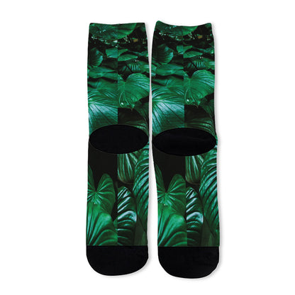 Natural Tropical Leaf Print Long Socks