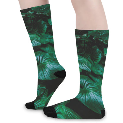 Natural Tropical Leaf Print Long Socks