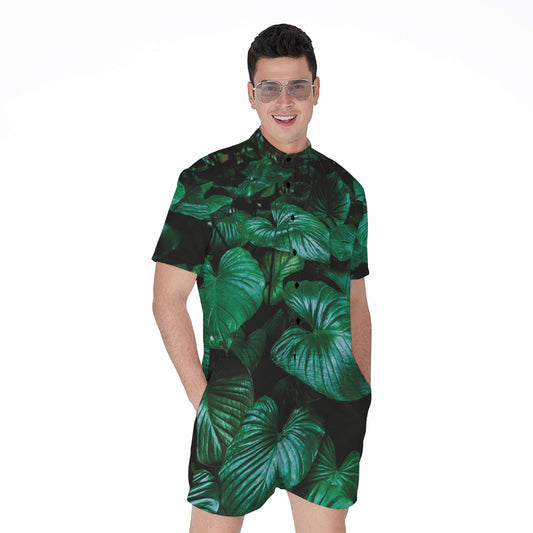 Natural Tropical Leaf Print Men's Rompers