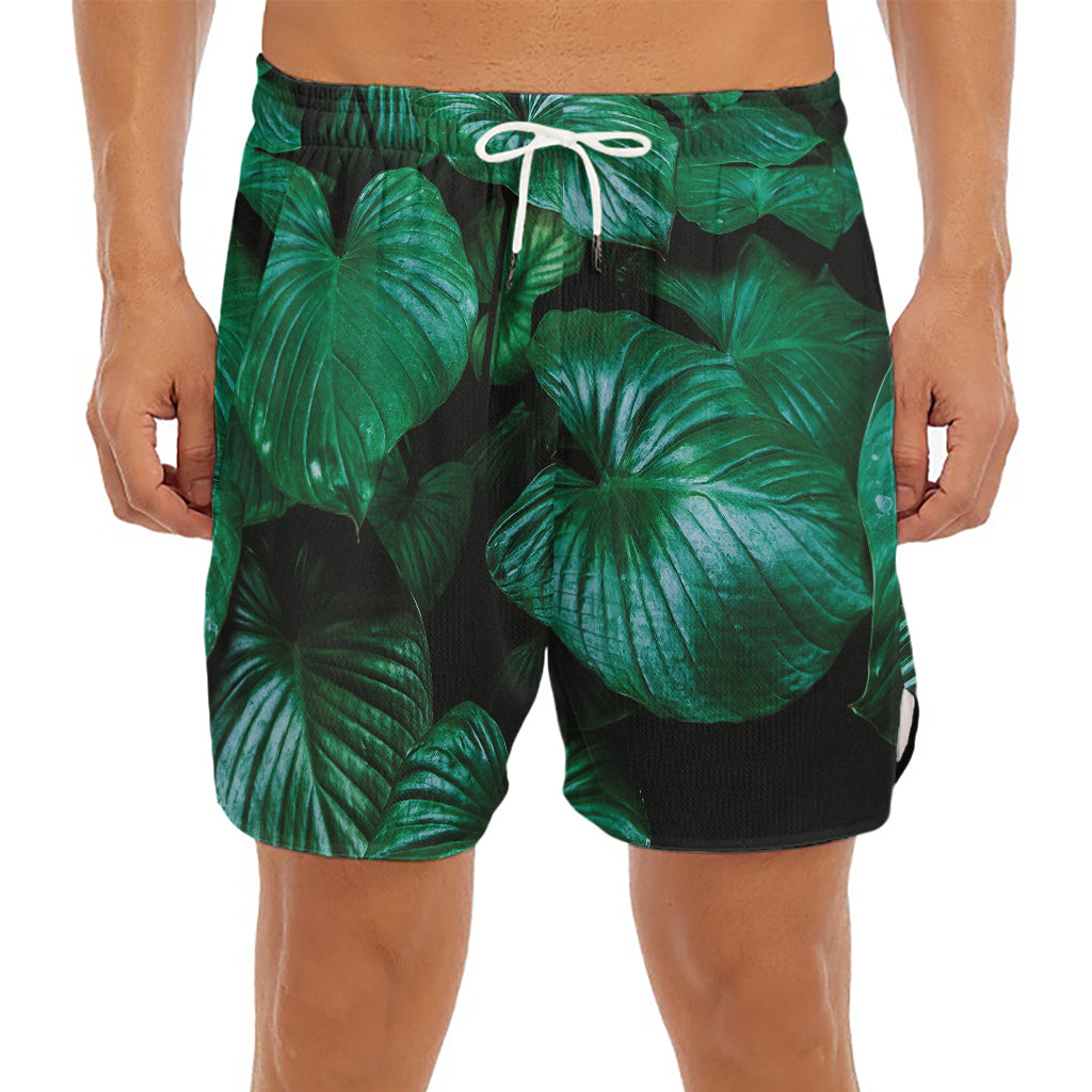 Natural Tropical Leaf Print Men's Split Running Shorts