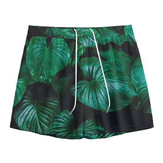 Natural Tropical Leaf Print Mesh Shorts