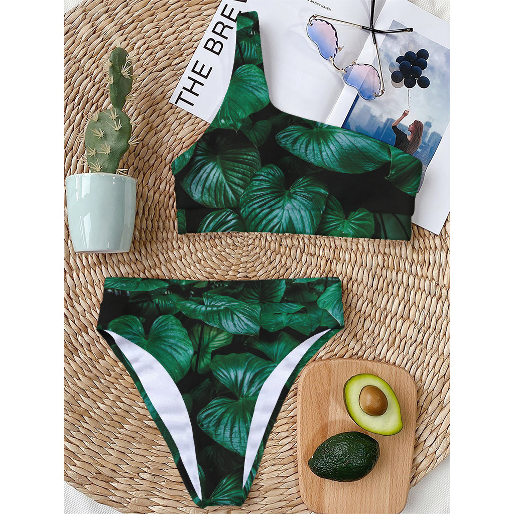 Natural Tropical Leaf Print One Shoulder Bikini Top