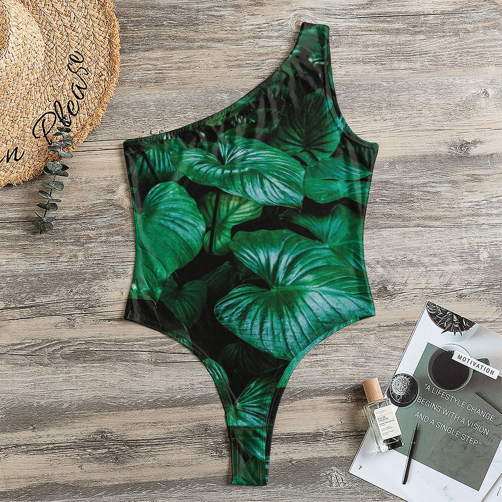 Natural Tropical Leaf Print One Shoulder Bodysuit