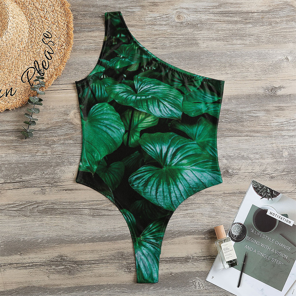 Natural Tropical Leaf Print One Shoulder Bodysuit